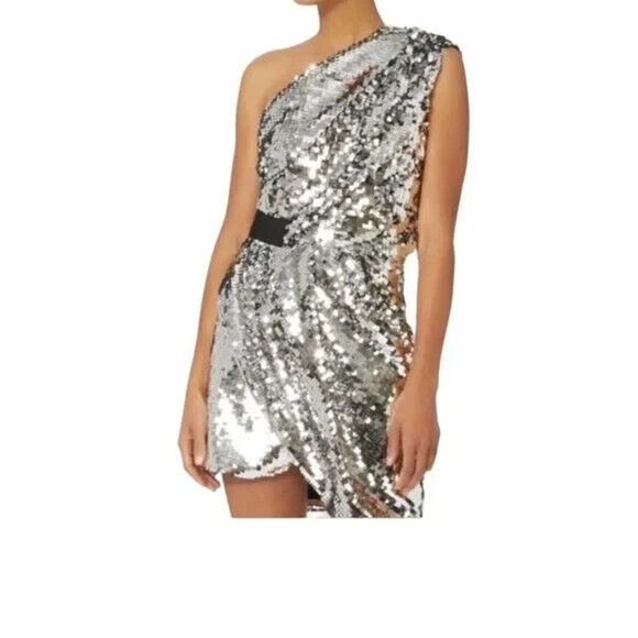 NWT Carven Sequin Dress One Shoulder Silver Metallic Asymmetric Sheath 3… - Picture 1 of 14